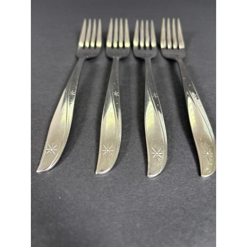 Lot 4 Oneida Community Stainless Starburst Atomic Star Salad Forks 7